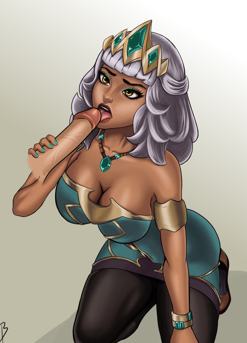 1girls big_breasts big_penis chocoflan dark-skinned_female dark_skin fully_clothed hand_on_knee holding_penis kneeling league_of_legends leaning_forward licking_penis looking_at_another medium_hair necklace penis qiyana_yunalai simple_background thick_thighs tiara white_hair yellow_eyes