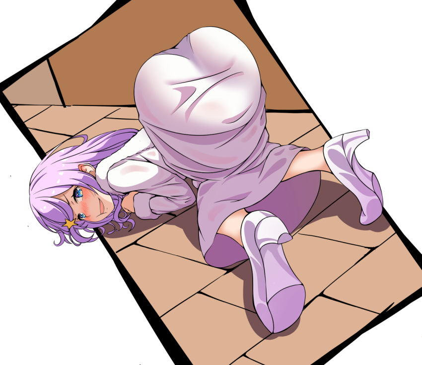 1girls 2020s 2022 anastasia_hoshin bent_over big_ass blue_eyes blush cheek_squish fat_ass female gamgagi hair_ornament high_heels long_hair presenting presenting_ass presenting_hindquarters prone_bone purple_hair re:zero_kara_hajimeru_isekai_seikatsu smile smiling smiling_at_viewer solo star_ornament sweatdrop