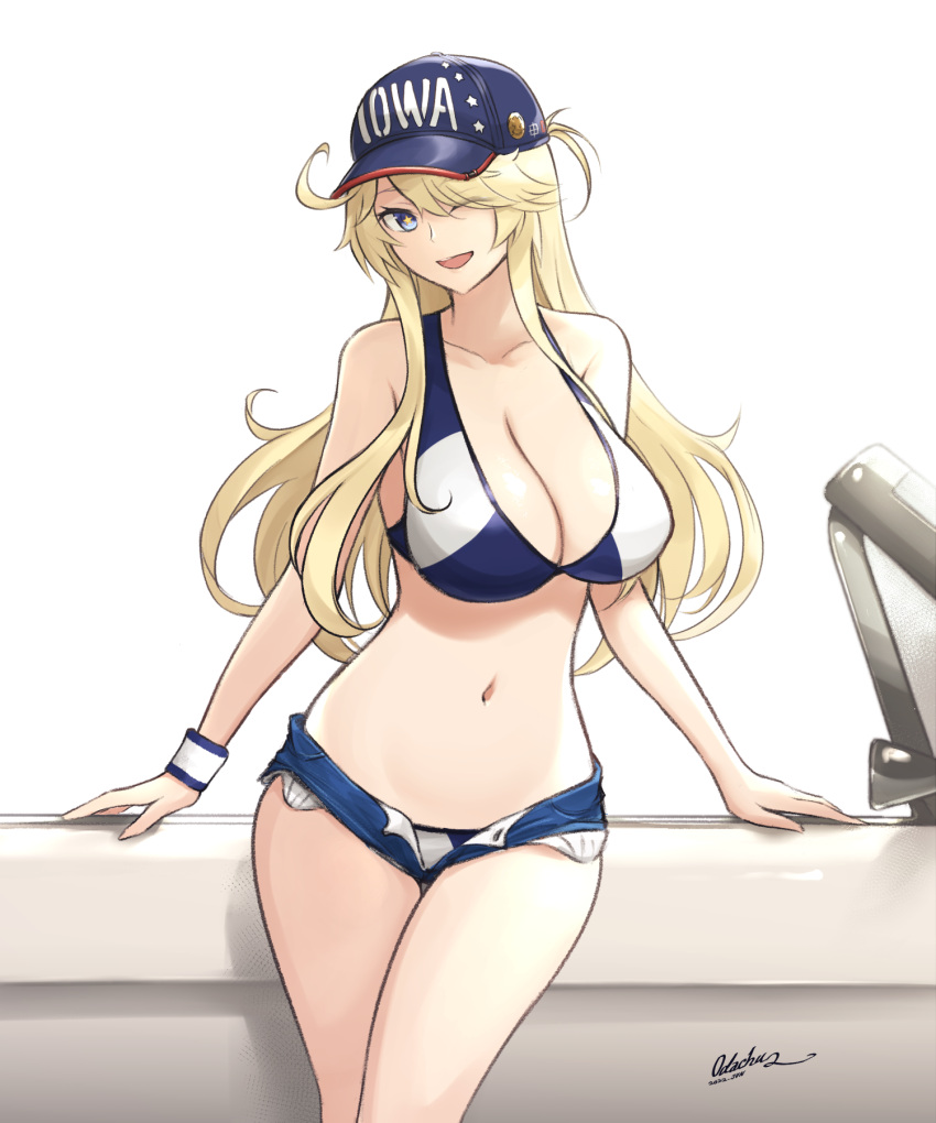 ;d baseball_cap bikini bikini_top_only blonde_hair blue_bikini blue_eyes blue_headwear breasts car character_name cleavage collarbone denim denim_shorts female ground_vehicle hat highres iowa_(kantai_collection) kantai_collection large_breasts long_hair looking_at_viewer motor_vehicle navel odachu one_eye_closed shorts smile solo star-shaped_pupils star_(symbol) swimsuit symbol-shaped_pupils two-tone_bikini white_background white_bikini wristband