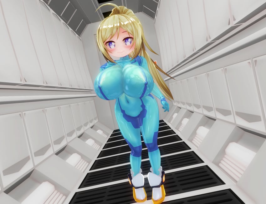 3d bimbo blonde_hair breasts cute happy hips huge_breasts huge_hips huge_thighs large_breasts looking_at_viewer metroid nipples samus_aran short_stack shortstack shortstackification shortstackified tagme thick_thighs thighs wide_hips