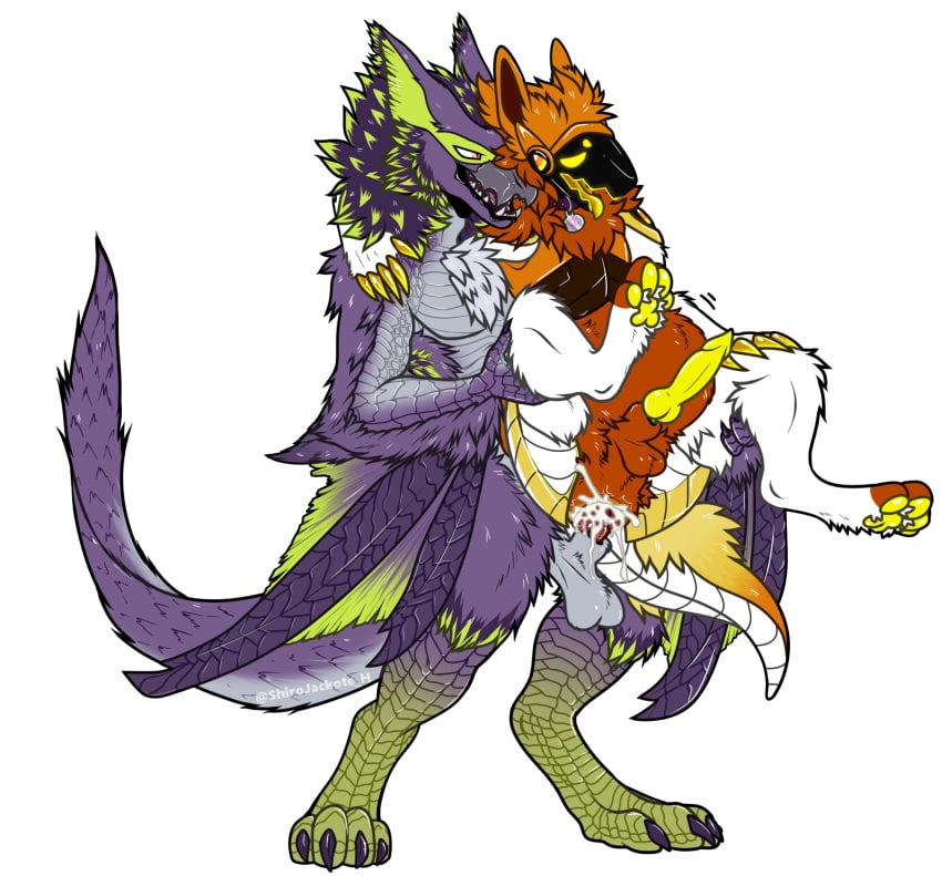 anthro bodily_fluids capcom collar cum dragon duo flying_wyvern fur genital_fluids green_body green_fur green_scales hi_res knot machine male male/male monster_hunter nargacuga orange_body orange_fur paws protogen purple_body purple_fur purple_scales scales shirojackote standing video_games