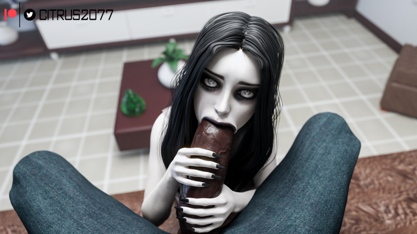 1boy 1girls 3d 3d_(artwork) big_ass big_breasts big_penis blender blender_(software) blowjob breasts citrus2077 dark-skinned_male dark_hair dark_skin female female_focus female_penetrated hair interracial long male oral oral_penetration oral_sex pale-skinned_female pale_skin penis straight sucking sucking_penis tagme the_ring voluptuous yamamura_sadako