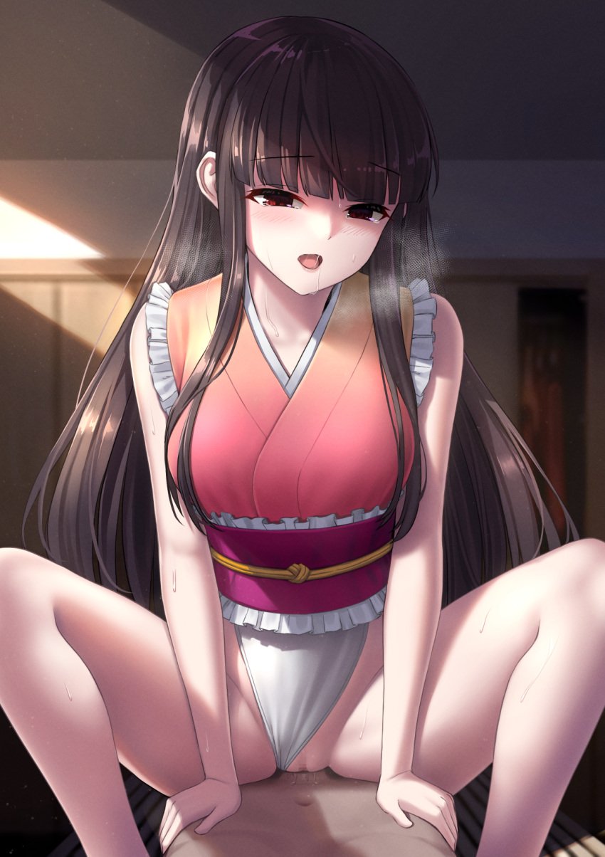 1boy azure-maya bangs black_hair blunt_bangs blush breasts clothing_aside eyebrows_visible_through_hair feet_out_of_frame female highres indoors japanese_clothes kaguya_houraisan kimono long_hair looking_at_viewer open_mouth panties panties_aside red_eyes sash sex solo_focus spread_legs squatting_cowgirl_position straight sweat touhou underwear very_long_hair