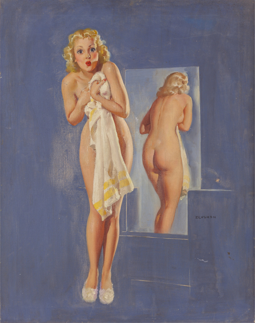 1941 1girls 20th_century 40s ass ass_focus ass_out bathroom blonde_female blonde_hair blush blushing breasts covering covering_breasts covering_crotch covering_self covering_with_object female female_only footwear gil_elvgren high_heels lipstick looking_at_viewer minimalist_background mirror mirror_reflection naked_footwear nude nude_female original painting_(artwork) pinup pinup1940s pinup_girl pursed_lips realistic red_lips red_lipstick reflection slippers slippers_only solo solo_female straight_hair surprise surprised surprised_expression surprised_face surprised_look towel traditional_art traditional_media traditional_media_(artwork) vintage