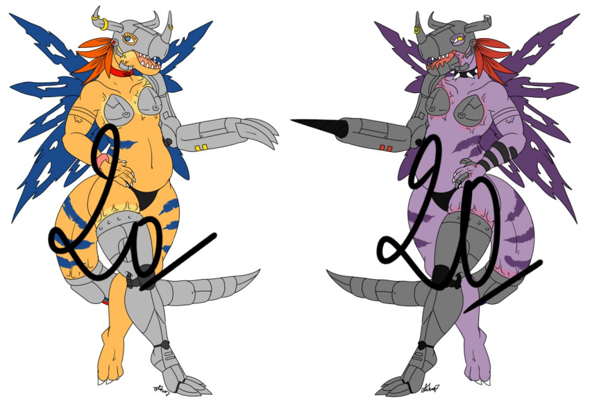 2girls adoptable anthro anthrofied blackmetalgreymon blue_eyes cyborg digimon dinosaur earrings eyelashes female female_only genderswap horn_ring metal_arm metal_breasts metal_leg metalgreymon multiple_girls nelsonnoir ring tail wings