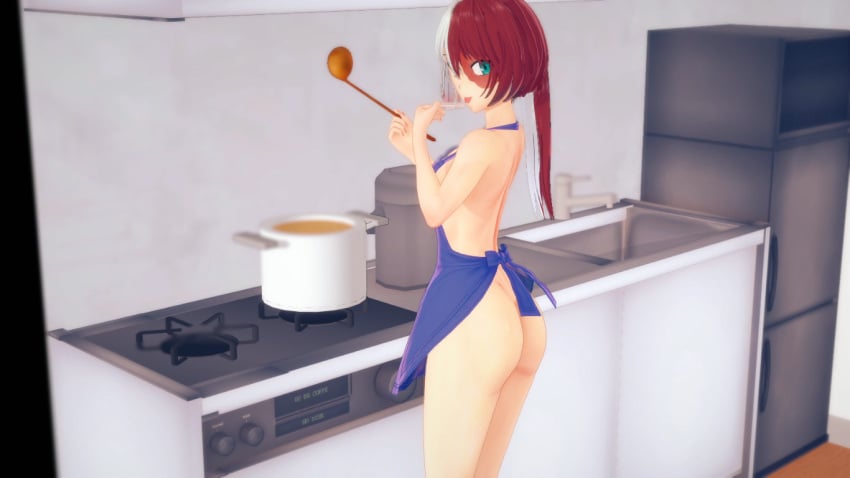 1girls 3d anime apron_only ass blue_eyes butt female female_only female_todoroki grey_eyes heterochromia ladle my_hero_academia naked_apron no_body_hair nude_apron ponytail red_hair rule_63 seductive seductive_look seductive_smile shouto_todoroki tongue_out two_tone_hair white_hair