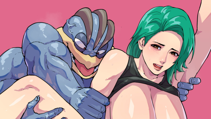 4_arms armpits big_boobs big_breasts big_dom_small_sub black_shirt blush boobs breasts brown_eyes cirenk emmie_(pokemon_ecchi) female femsub green_hair human interspecies larger_male machamp male male_pokemon/female_human maledom multi_arm multi_limb open_mouth pleasure_face pokémon_(species) pokemon pokemon_(species) pokemon_ecchi pokephilia sex size_difference smaller_female