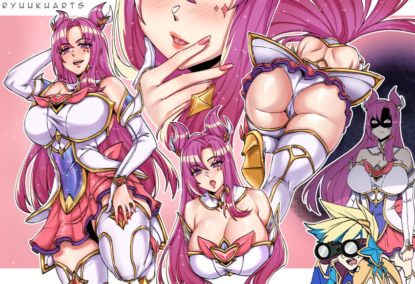 1boy1girl absurd_res alternate_breast_size alternate_costume ass_bigger_than_skirt big_ass cameltoe curvy ezreal female_focus hair_ornament high_heels huge_breasts kai'sa large_filesize league_of_legends lipstick long_hair massive_breasts no_bra panties pantyshot pink_eyes pink_hair ryuukusnpaiarts simple_background skindentation star_guardian_ezreal star_guardian_kai'sa star_guardian_series thick_ass thick_thighs thighhighs voluptuous