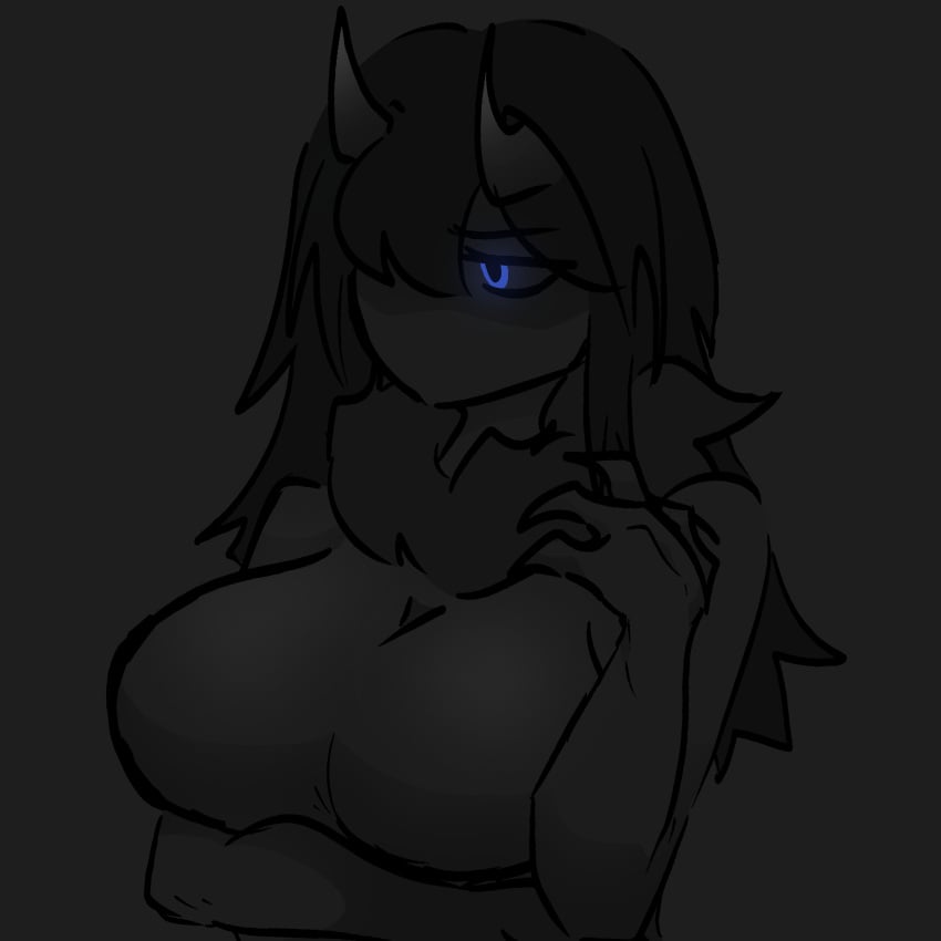 black_body black_hair blue_eyes breasts eyes female female_only glowing_eyes horns jellyoyix monster