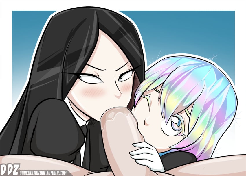 1boy 2others ambiguous_gender androgynous angry athletic_female black_eyelashes black_eyes black_hair blowjob blush bort_(land_of_the_lustrous) collaborative_fellatio crystal_hair dankodeadzone diamond_(land_of_the_lustrous) erect_penis fellatio gem gloves gradient_eyebrows gradient_eyelashes gradient_eyes gradient_hair hand_on_penis houseki_no_kuni human human_on_humanoid human_penetrating humanoid interspecies land_of_the_lustrous light-skinned_male light_skin long_hair looking_at_viewer male one_eye_closed outline penis saliva saliva_on_penis shiny_hair short_hair signature simple_background suit thin_eyebrows tie two_tone_hair uniform very_long_hair watermark white_gloves white_sclera white_skin