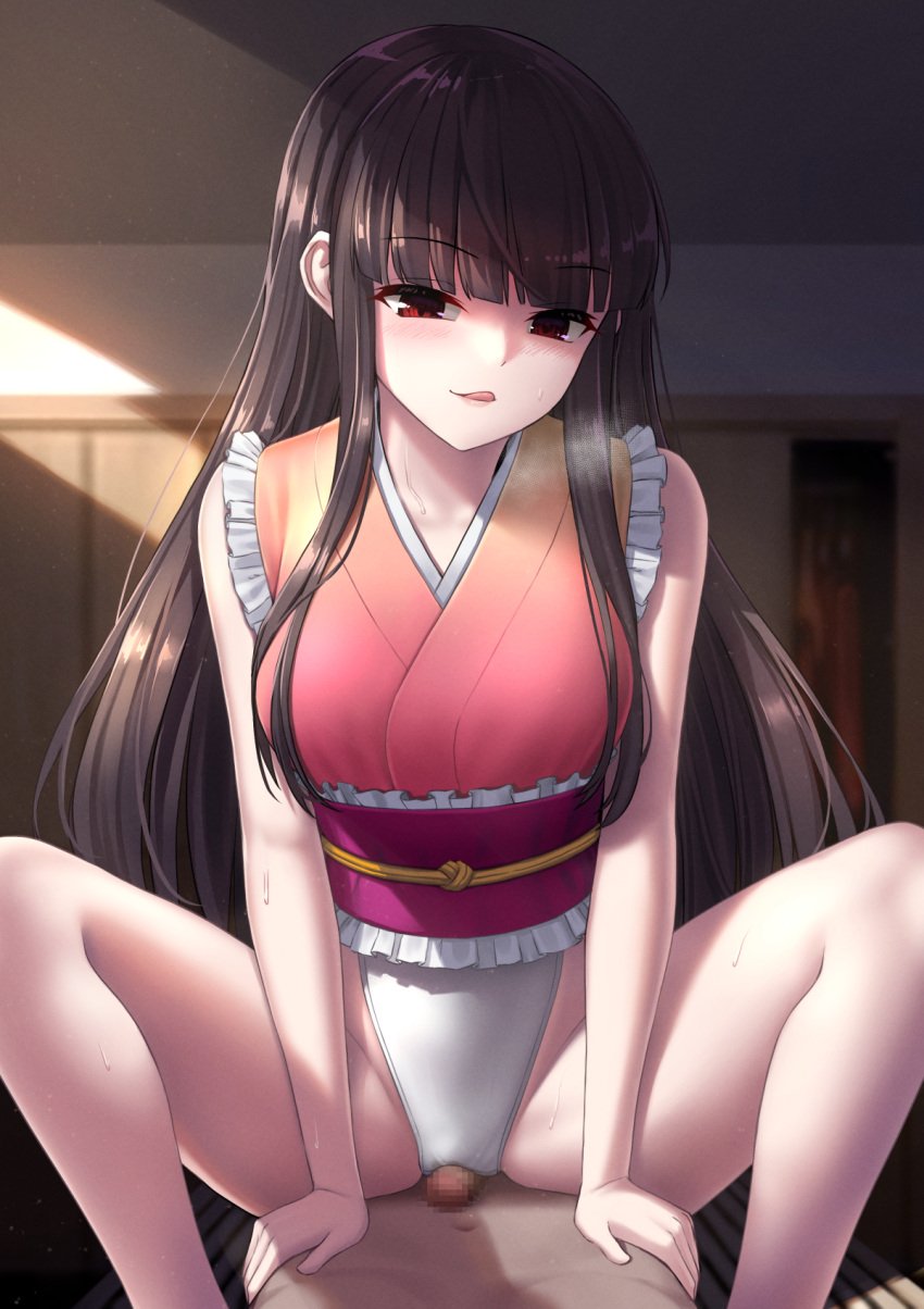 1boy azure-maya bangs black_hair closed_mouth clothed_female_nude_male cowgirl_position erection feet_out_of_frame female highres indoors kaguya_houraisan long_hair looking_at_viewer lying navel nude on_back penis red_eyes sitting sitting_on_person smile straddling tongue tongue_out touhou touhou_tag_dream wrestling_outfit