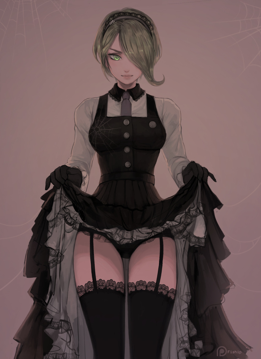 2022 black_dress black_gloves black_panties black_skirt black_thigh_highs black_thighhighs black_underwear collar danganronpa danganronpa_v3 dress dress_lift eyebrows_behind_hair garter_belt gloves gray_hair green_eyes grey_hair hairband long_dress long_skirt looking_at_viewer maid maid_apron maid_dress maid_headdress maid_outfit maid_uniform nonude one_eye_covered pink_background purple_hairband purple_tie skirt skirt_lift spider_web straight_hair tall tall_female thighhighs thighs tie toujou_kirumi underwear