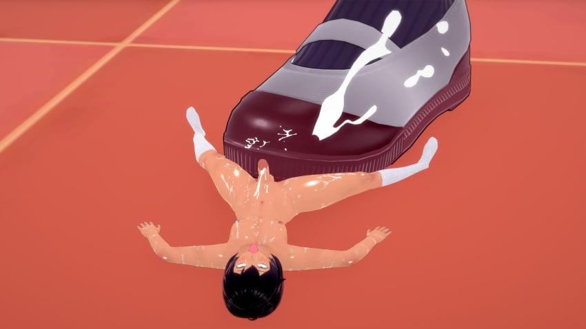 1boy 1girls black_hair brown_eyes cafeteria comic comic_page cum cum_on_body feet female floor footjob hentai-slippers_(artist) hi_res male nipples nude on_back open_mouth please_don't_bully_me,_nagatoro school short_hair shrunken_male simple_background sweat tongue_out