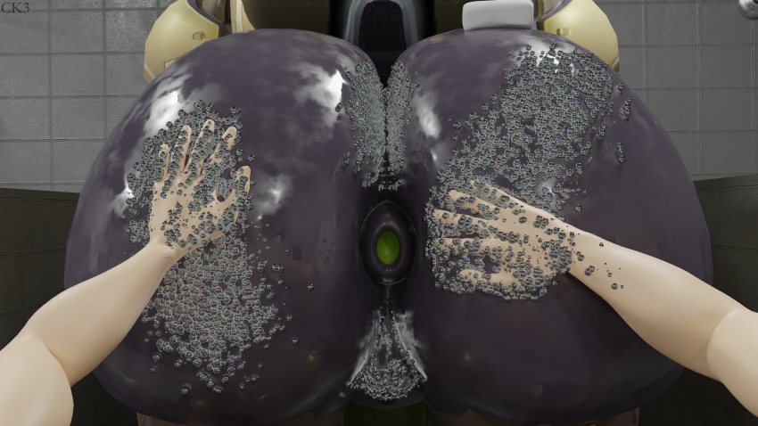 3d 3d_(artwork) anus ass ckiii3d_(artist) gaping_anus light-skinned_male offscreen_character omnic orisa overwatch point_of_view pussy robot shower soap water