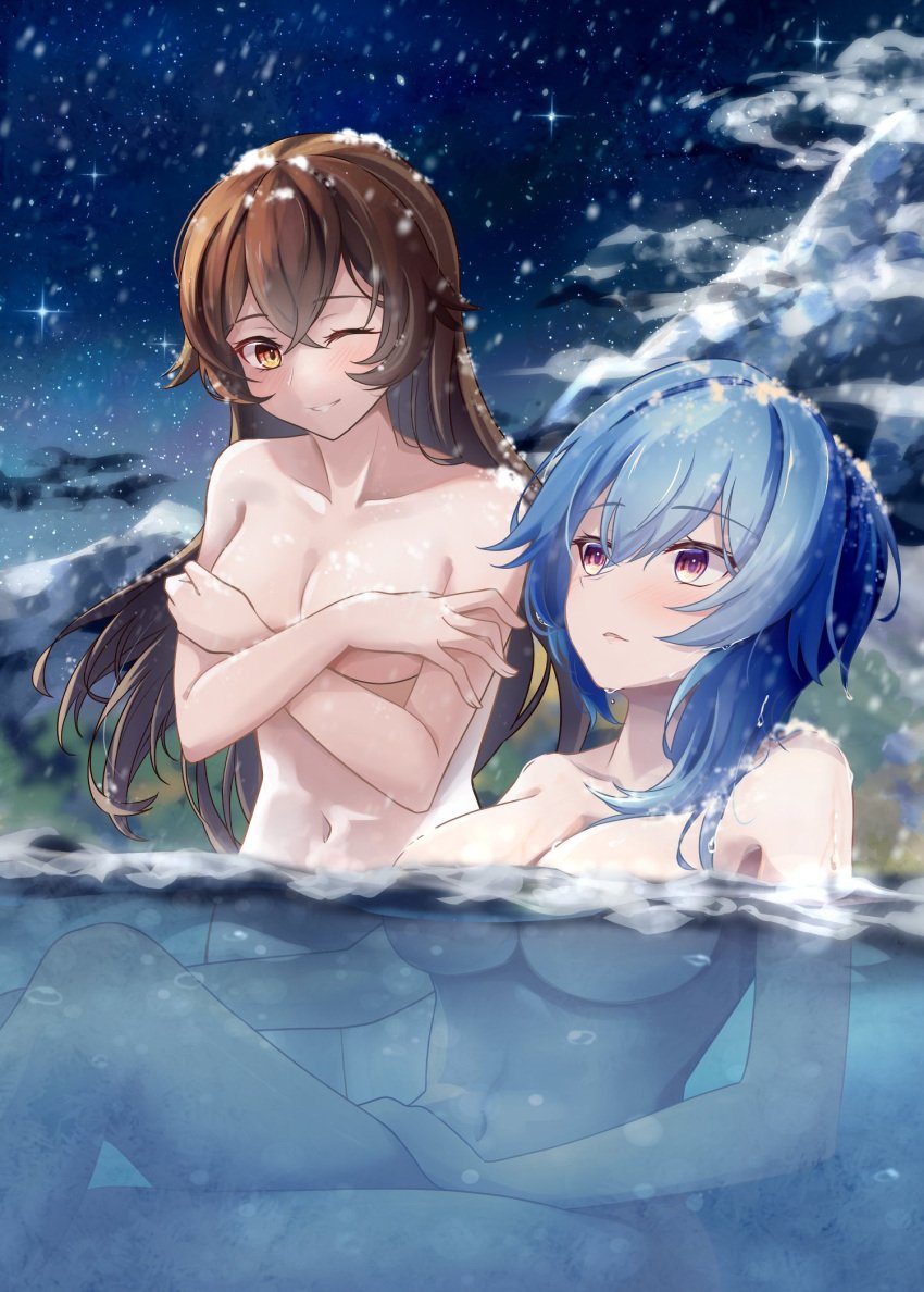 2girls absolutely_nothing_on amber_(genshin_impact) bangs big_breasts blue_hair blush breasts brown_hair cleavage completely_naked completely_naked_female completely_nude completely_nude_female covering covering_breasts detailed_background eula_(genshin_impact) fair_skin female female_only frown frowning genshin_impact hair_between_eyes highres large_breasts light-skinned_female light_skin long_hair medium_breasts medium_hair mon-chan multicolored_eyes multiple_girls naked naked_female nude nude_female onsen outdoors pale pale-skinned_female pale_skin partially_submerged purple_eyes sitting sitting_down smile smiling snowing standing standing_up thighs water wink winking winter yellow_eyes yuri