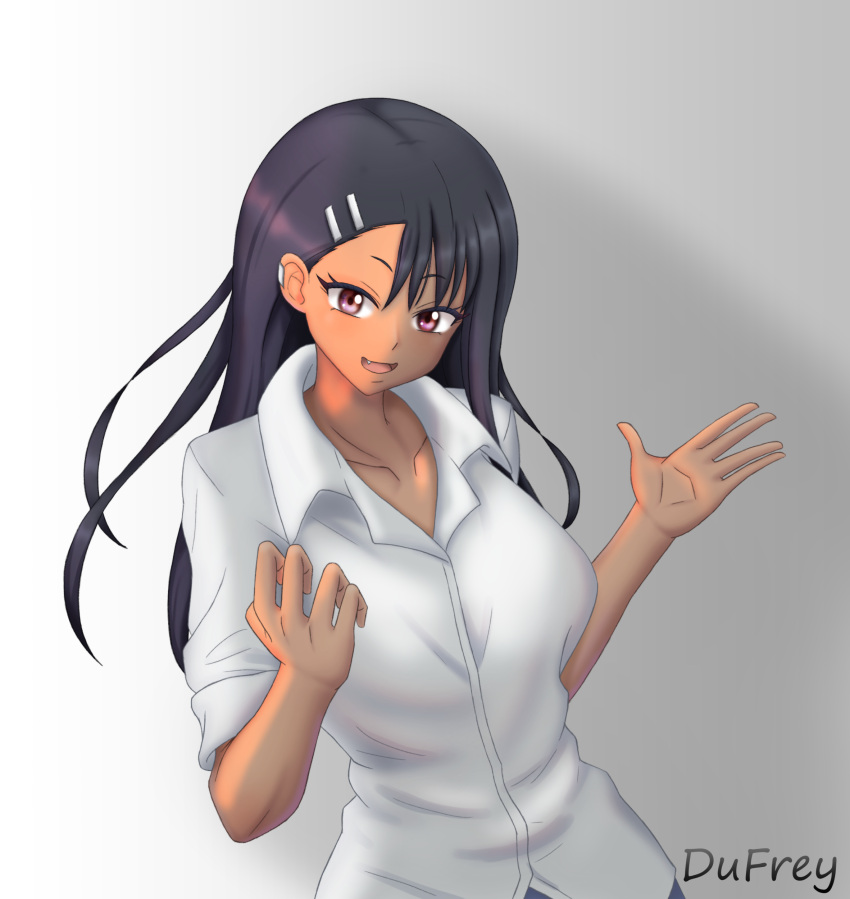 1girls black_hair blush breasts brown_eyes clothed clothing dufreyjupiter female_focus female_only hayase_nagatoro hi_res long_hair looking_at_viewer medium_breasts please_don't_bully_me,_nagatoro pose revealing_clothes simple_background smile solo tan tanned watermark white_background