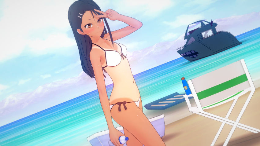 1girls 3d beach bikini black_hair blush breasts brown_eyes clothed clothing cometz comic comic_page female_focus female_only hayase_nagatoro hi_res long_hair looking_at_viewer medium_breasts navel one-piece_tan please_don't_bully_me,_nagatoro pose public simple_background smile solo tan tanned