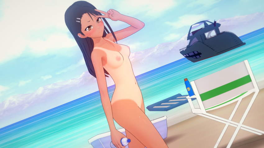 1girls 3d areolae beach black_hair blush breasts brown_eyes cometz comic comic_page female_focus female_only hayase_nagatoro hi_res long_hair looking_at_viewer medium_breasts navel nipples nude one-piece_tan peace_sign please_don't_bully_me,_nagatoro pose public simple_background smile solo tan tanline tanned