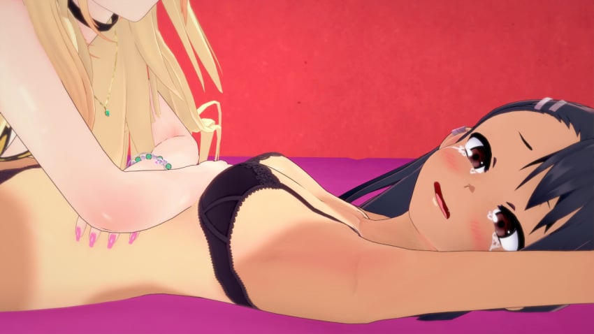 2girls 3d bed black_hair blonde_hair blush bondage breasts brown_eyes choker closed_eyes clothed clothing comic comic_page fallinfree female female_focus female_only gyaru hayase_nagatoro hi_res kitagawa_marin koikatsu long_hair medium_breasts navel on_back on_bed please_don't_bully_me,_nagatoro pose revealing_clothes sideboob simple_background smile sono_bisque_doll_wa_koi_wo_suru tan tanline tanned tears_of_joy tickling underwear