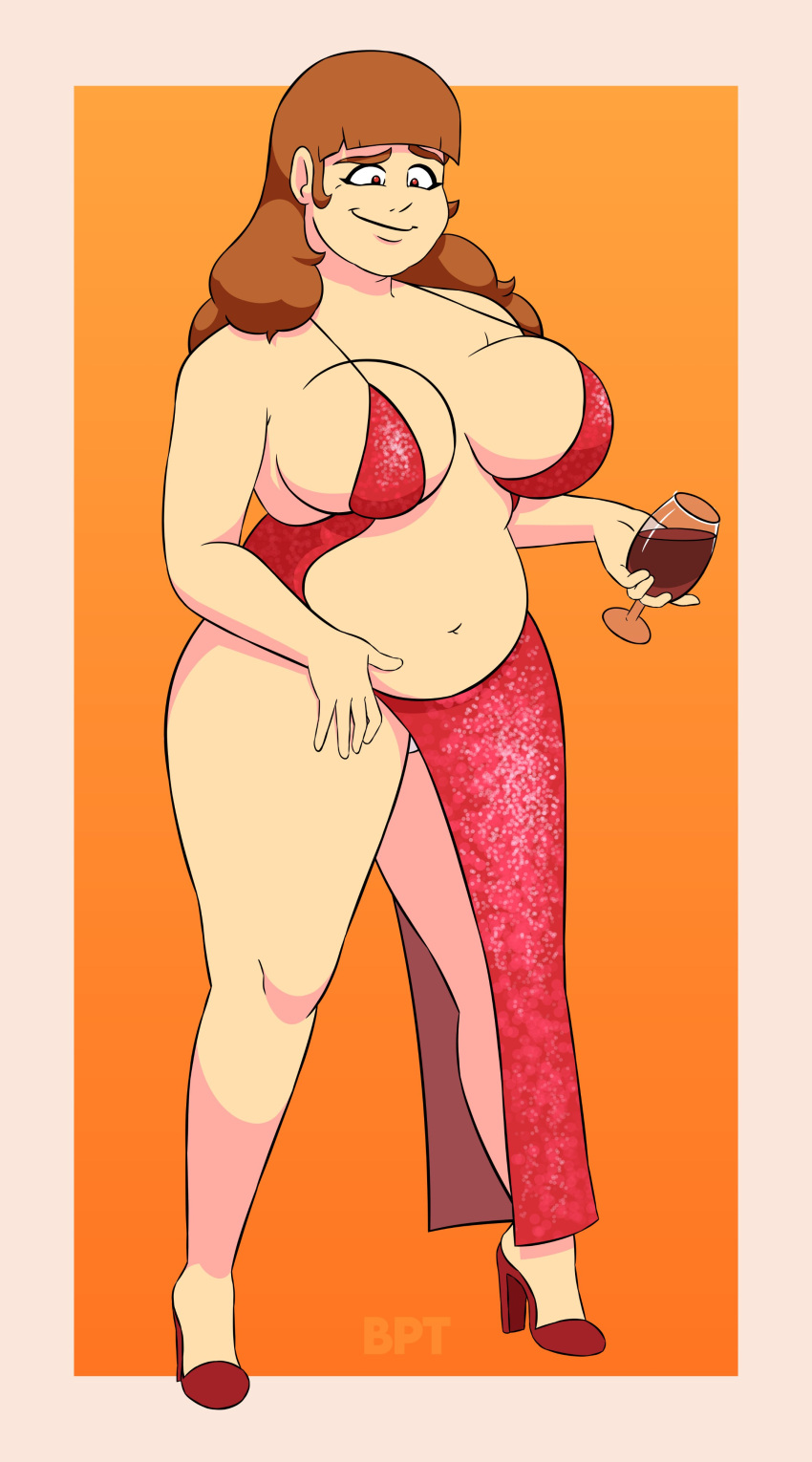 1girls beth_(hirosalem) big_breasts breasts brown_hair brush_pen_ten chubby chubby_female clothed clothing daphne_dress dress high_heels light-skinned_female light_skin mostly_clothed original original_character red_dress red_heels revealing_clothes thick_thighs wide_hips wine wine_glass