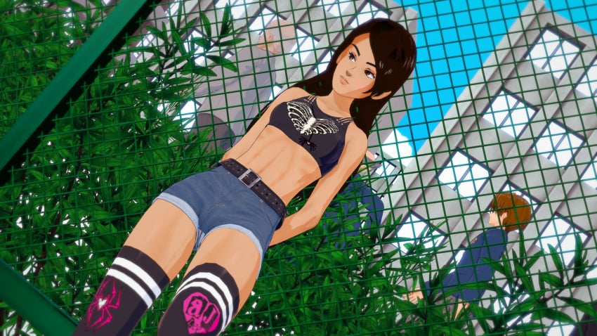 1girls 3d 3d_(artwork) aj_lee alternate_version_at_source alternate_version_available arms_behind_back brown_eyes brown_hair denim_shorts iopuerto latina leaning_on_fence sfw skinny thighhighs wwe wwe_diva