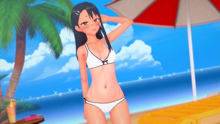 1girls 3d beach bikini black_hair blush breasts brown_eyes clothed clothing dr._charlie female_focus female_only hayase_nagatoro hi_res long_hair looking_at_viewer medium_breasts navel please_don't_bully_me,_nagatoro pose revealing_clothes simple_background smile solo tan tanline tanned