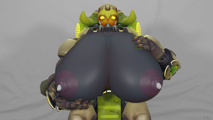 1girls 3d 3d_(artwork) big_breasts breast_grab breasts ckiii3d_(artist) lactation large_breasts nipples omnnic orisa overwatch robot robot_girl worried yellow_eyes