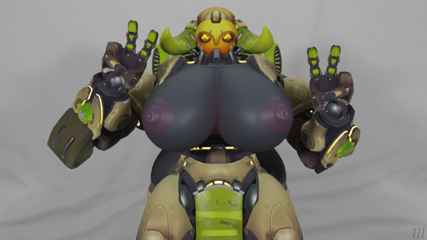 1girls 3d 3d_(artwork) breasts ckiii3d_(artist) double_v female happy large_breasts nipples omnic orisa overwatch peace_sign robot robot_girl smile