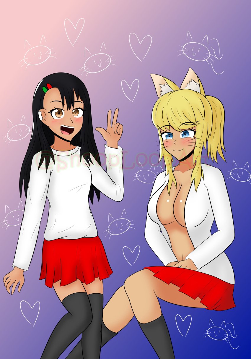 2girls big_breasts black_hair blonde_hair blue_eyes blush breasts brown_eyes cat_ears catgirl cleavage earrings female_focus female_only hayase_nagatoro liru looking_at_viewer please_don't_bully_me,_nagatoro pose renkin_san-kyuu_magical_pokaan simple_background skirt small_breasts smile snooploopart upskirt waving wolf_girl_with_you