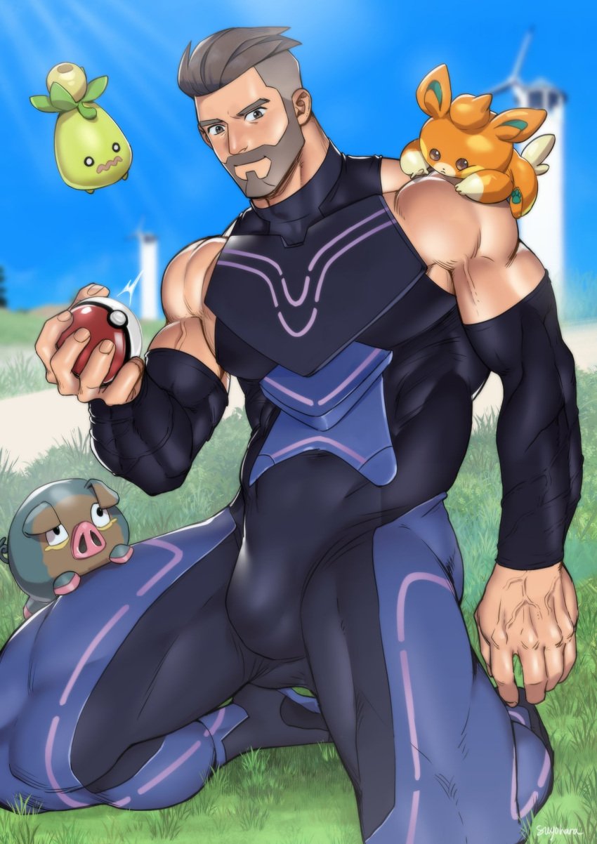 1boy bodysuit bulge lechonk male_only muscles muscular muscular_male on_knees outdoors pawmi pokeball pokemon pokemon_sv professor_turo smoliv suyohara