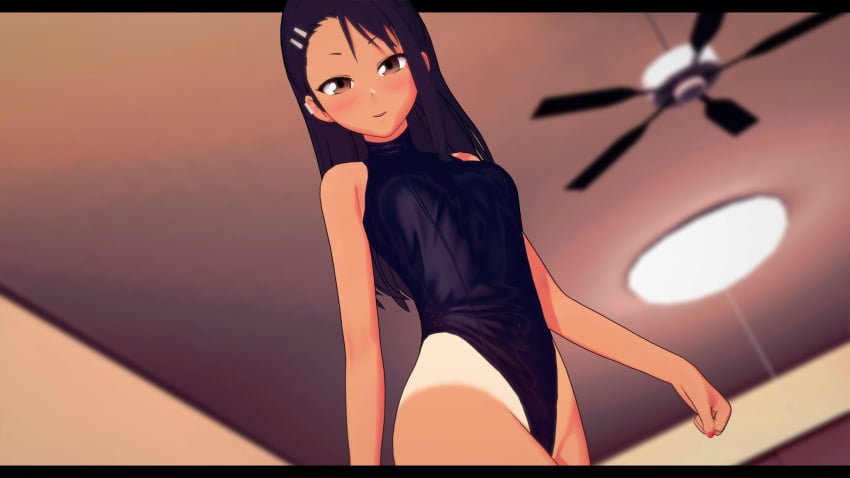 1girls 3d black_hair blush breasts brown_eyes clothed clothing cometz comic comic_page female_focus female_only hayase_nagatoro hi_res long_hair looking_at_viewer medium_breasts please_don't_bully_me,_nagatoro pose revealing_clothes simple_background smile solo swimsuit tan tanline tanned