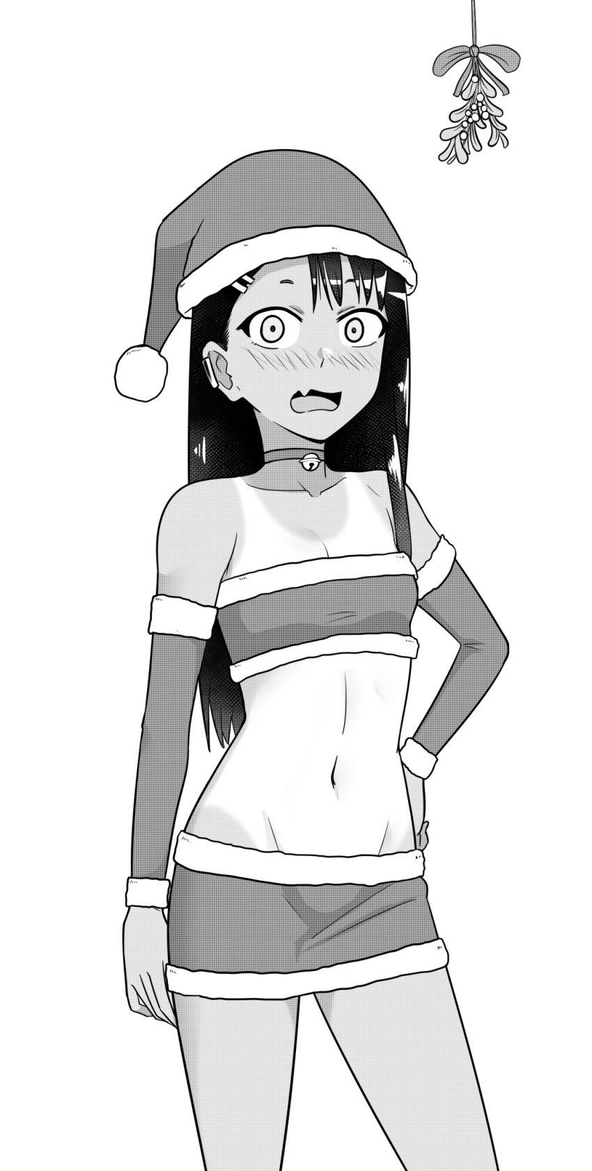 1girls black_hair blush breasts christmas cleavage clothed clothing collar female_focus female_only hayase_nagatoro hi_res long_hair looking_at_viewer medium_breasts mistletoe monochrome navel please_don't_bully_me,_nagatoro pose revealing_clothes simple_background smile solo szmitten tan tanline tanned white_background