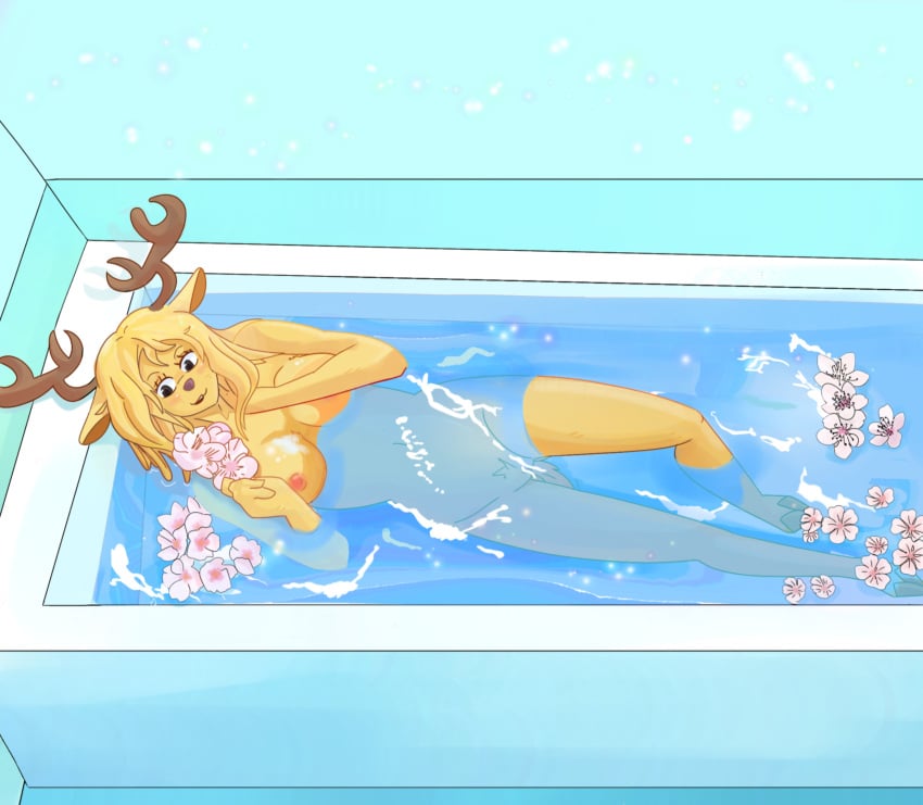 absurd_res anthro bath bathing bathtub blonde_hair breasts cervid cherry_blossom deep_fur deepfur deer deer_girl female female_only flower fur genitals hair hi_res holding_flower holding_head holding_object horn inside mammal milky_(one_piece) one_piece pink_flower plant pussy shaded solo water white_flower yellow_body yellow_fur