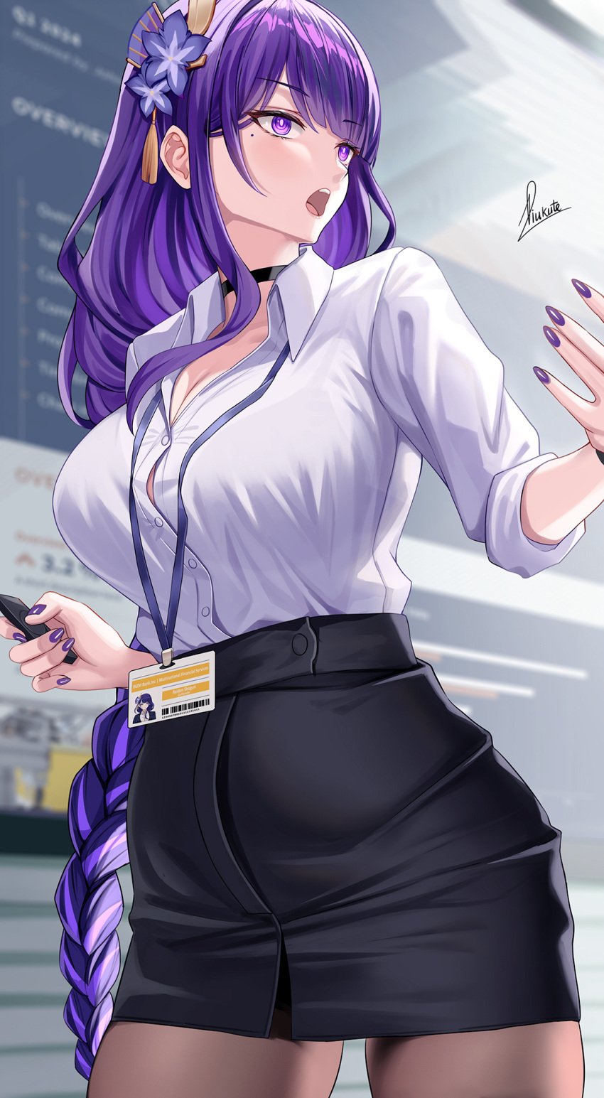 1girls 2022 artist_signature beauty_mark braided_hair breasts button_gap female female_only genshin_impact hi_res hips holding_object huge_breasts indoors long_hair mole_under_eye name_tag office_lady painted_nails pantyhose piukute062 purple_eyes purple_hair raiden_shogun skirt slim_waist straining_buttons thick_thighs thighs very_long_hair wide_hips