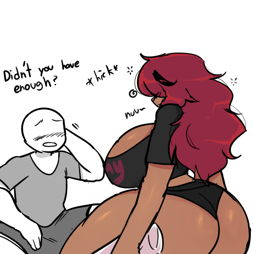 1boy 1girls 2022 absurd_res ass big_ass big_breasts big_butt blush booty_shorts breasts bubble_butt busty cleavage collar curvaceous curvy curvy_body curvy_female curvy_figure dark-skinned_female dark_skin dialogue drunk duo english_text female hair_covering_eye hairpin hand_behind_head hi_res hot_pants huge_ass huge_breasts huge_butt large_breasts long_hair male midriff midriff_baring_shirt moxxy red_hair round_ass simple_background sitting skimpy skimpy_clothes sugarkitty19 thick_ass thick_thighs voluptuous white_background wide_hips