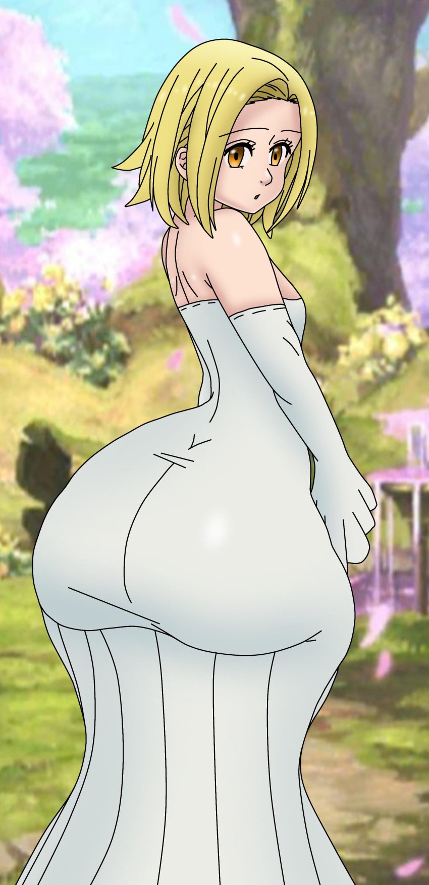 1girls ass ass_in_dress big_ass big_breasts big_butt blonde_hair bottom_heavy brown_eyes chimeraindura curvy_figure elaine_(nanatsu_no_taizai) female looking_back nanatsu_no_taizai