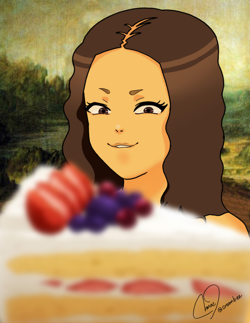 1girls cake creambee depth_of_field dessert female female_only fine_art_parody food mona_lisa portrait public_domain solo tagme