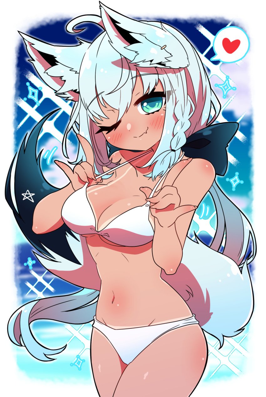 ahoge animal_ear_fluff animal_ears bangs bikini black_bow blush bow braid breasts cleavage commentary_request eyebrows_visible_through_hair female fox_ears fox_girl fox_shadow_puppet fox_tail green_eyes hair_between_eyes hairbow heart highres hololive hololive_gamers hololive_gen_1 hololive_japan looking_at_viewer low_ponytail medium_breasts navel oerba_yun_fang one_eye_closed sakuramochi_(sakura_frappe) shirakami_fubuki sidelocks single_braid skin_fang smile solo sparkle spoken_heart swimsuit tail tan tanline virtual_youtuber white_bikini white_hair