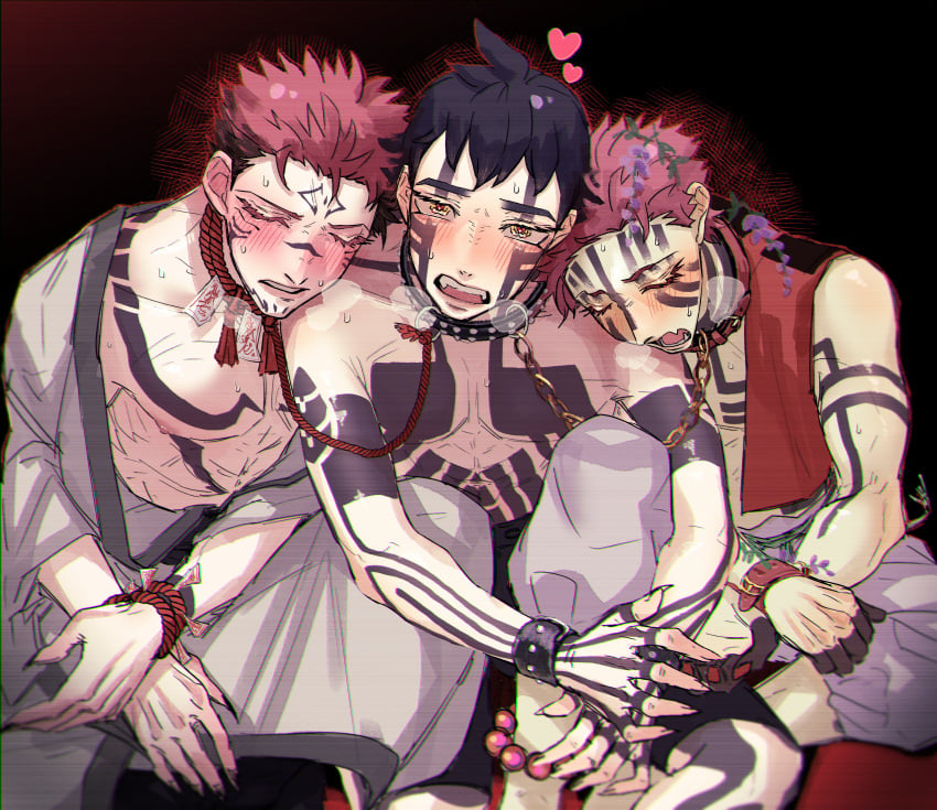 3boys akaza_(kimetsu_no_yaiba) alternate_version_available asahito_asa black_hair blush body_markings breath chains collar crossover demi-fiend demon_boy demon_slayer facial_markings fangs gay itadori_yuuji jujutsu_kaisen kimetsu_no_yaiba kimono linked_collar looking_at_viewer male male_only megami_tensei multiple_boys muscular muscular_male pink_hair ryoumen_sukuna_(jujutsu_kaisen) sharp_fingernails shin_megami_tensei shin_megami_tensei_iii:_nocturne sweat tattoo tattoos topless topless_male trait_connection wrist_cuffs