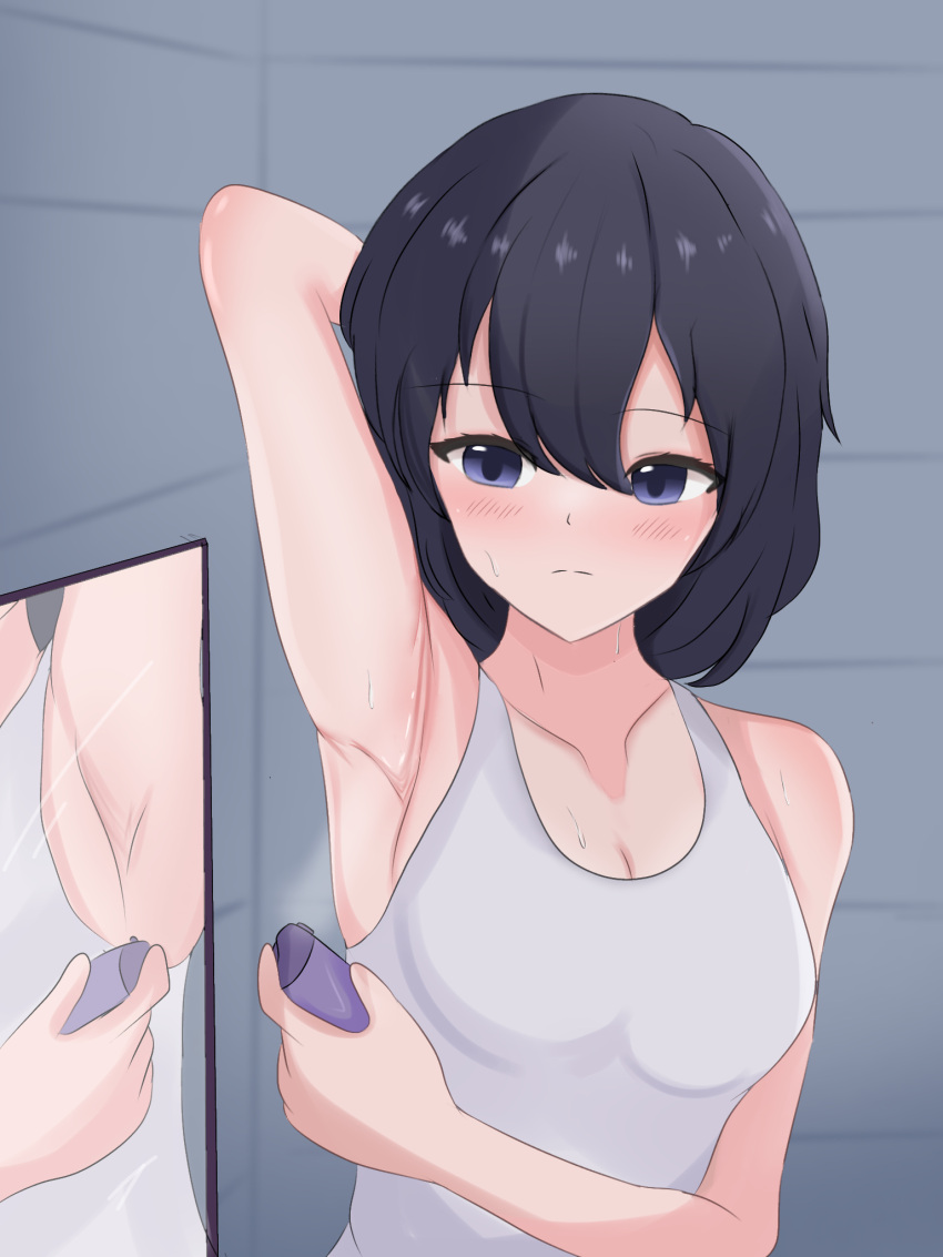 1girls armpits arms_behind_back arms_up deodorant female female_only medium_breasts original original_character reflection ryzeon showing_off sleeveless solo sweat