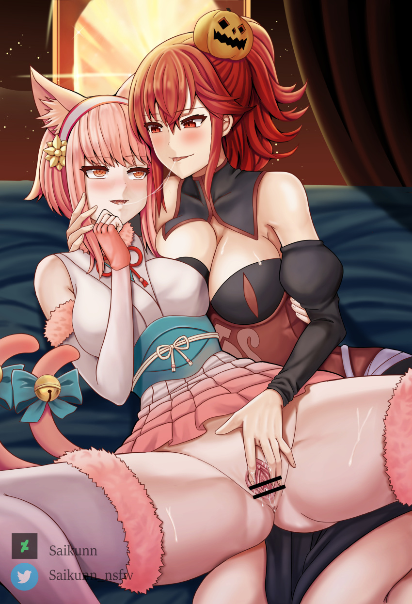 2girls after_kiss alternate_costume anna_(fire_emblem) anna_(fire_emblem_fates) ass_visible_through_thighs asymmetrical_docking bangs bare_thighs bed blush breast_press breasts cat_ears censored cleavage detached_sleeves female female_only fingering fingering_partner fingerless_gloves fire_emblem fire_emblem_fates fire_emblem_heroes french_kiss gloves hairband halloween halloween_costume hug indoors kissing large_breasts looking_at_another medium_breasts medium_hair multiple_girls multiple_tails night nintendo official_alternate_costume on_back on_bed open_mouth orange_eyes pink_hair ponytail pussy pussy_juice red_eyes red_hair saikunartworks sakura_(fire_emblem) sakura_(halloween)_(fire_emblem) saliva saliva_string smile spread_legs spread_pussy tail thick_thighs thighhighs thighs tongue tongue_out yuri