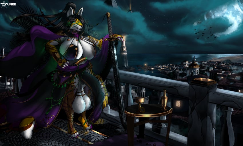 1futa 2022 anthro balcony balls big_balls big_breasts big_penis black_hair breasts cape casual_exposure casual_nudity city clothed clothing detailed_background digital_media_(artwork) dress felid flaccid furry futa_focus futa_only futanari genitals green_eyes hair hi_res huge_balls huge_breasts huge_cock humanoid_genitalia humanoid_penis hyper hyper_genitalia hyper_penis intersex jewelry mammal melee_weapon mostly_nude night nipples original original_character pantherine penis robe sagging_balls skimpy solo sword tiger tyunre weapon ych_result zhali