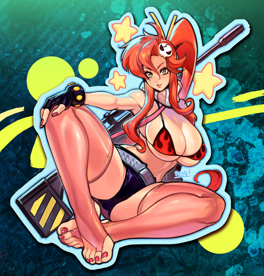 background big_breasts boots bra feet female golden_eyes long_legs looking_at_viewer ponytail red_hair red_toenails reiq seductive soles solo stirrup_legwear tagme tengen_toppa_gurren_lagann toe_ring_legwear yoko_littner