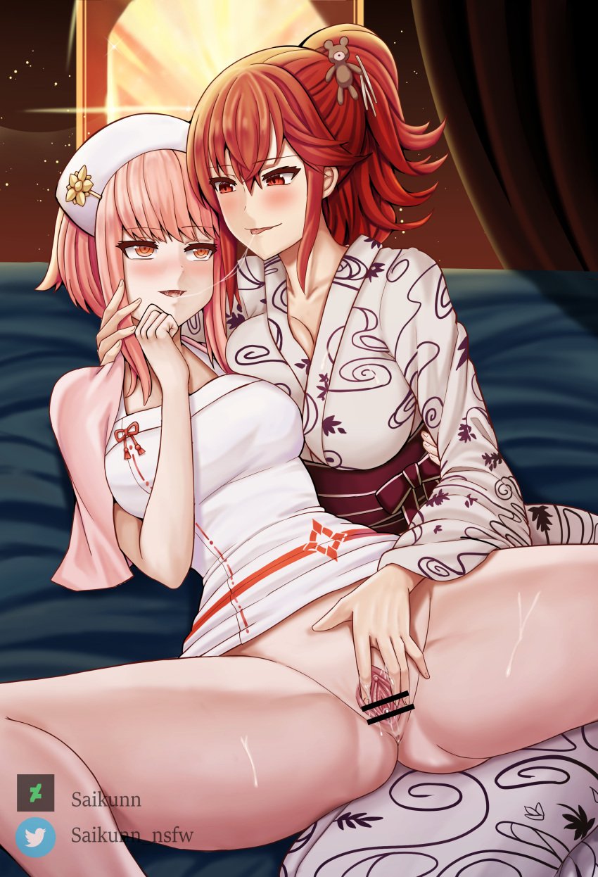 2girls after_kiss alternate_costume anna_(fire_emblem) anna_(fire_emblem_fates) ass_visible_through_thighs asymmetrical_docking bangs bare_legs bare_thighs bed blush breast_press breasts censored cleavage female female_only fingering fingering_partner fire_emblem fire_emblem_fates fire_emblem_heroes french_kiss hug indoors japanese_clothes kimono kissing large_breasts legs looking_at_another medium_breasts medium_hair multiple_girls naked_towel night nintendo official_alternate_costume on_back on_bed open_mouth orange_eyes pink_hair ponytail pussy red_eyes red_hair saikunartworks sakura_(fire_emblem) sakura_(hostile_springs)_(fire_emblem) saliva saliva_string smile spread_legs spread_pussy sweat thighs tongue tongue_out towel yuri