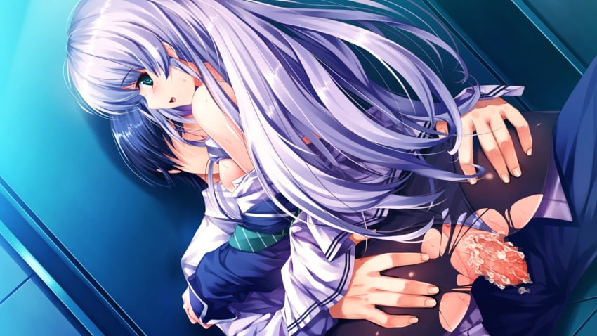 ass ass_grab bare_shoulders blue_hair blush breasts censored cum cum_inside from_behind furukawa_yui green_eyes hand_on_ass happy_sex kuroya_shinobu long_hair looking_back open_clothes open_mouth pantyhose penis school_uniform sex sitting sitting_on_person skirt smile straddle sweat torn_clothes torn_pantyhose ushinawareta_mirai_wo_motomete vaginal_penetration