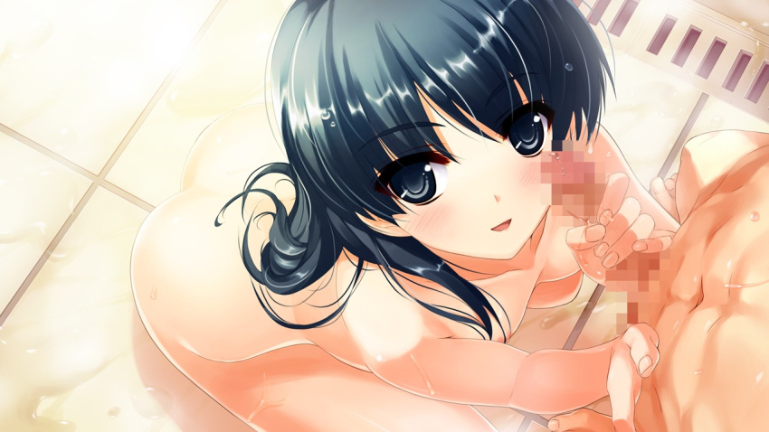 blue_eyes blue_hair blush breasts censored handjob hasekura_airi long_hair misaki_kurehito navel nipples nude penis sitting ushinawareta_mirai_wo_motomete water wet