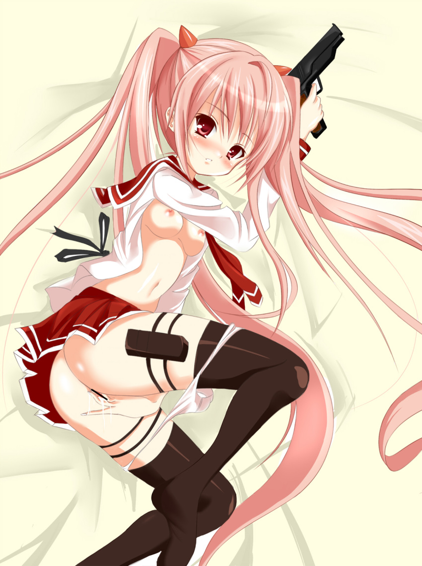 ass bed black_legwear black_thighhighs blush breasts censored fingering gun hidan_no_aria highres kanzaki_h_aria long_hair lying masturbation navel nipples open_clothes open_shirt panties panty_pull pink_eyes pink_hair pink_panties pinkii_(kuma) pussy pussy_juice school_uniform shirt thighhighs tied_hair twintails underwear very_long_hair weapon