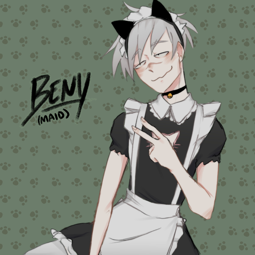 armados beny_(armados) black_clothing character_name color crossdressing_male gray_hair maid maid_headdress maid_uniform male peace_sign saikomic solo_male