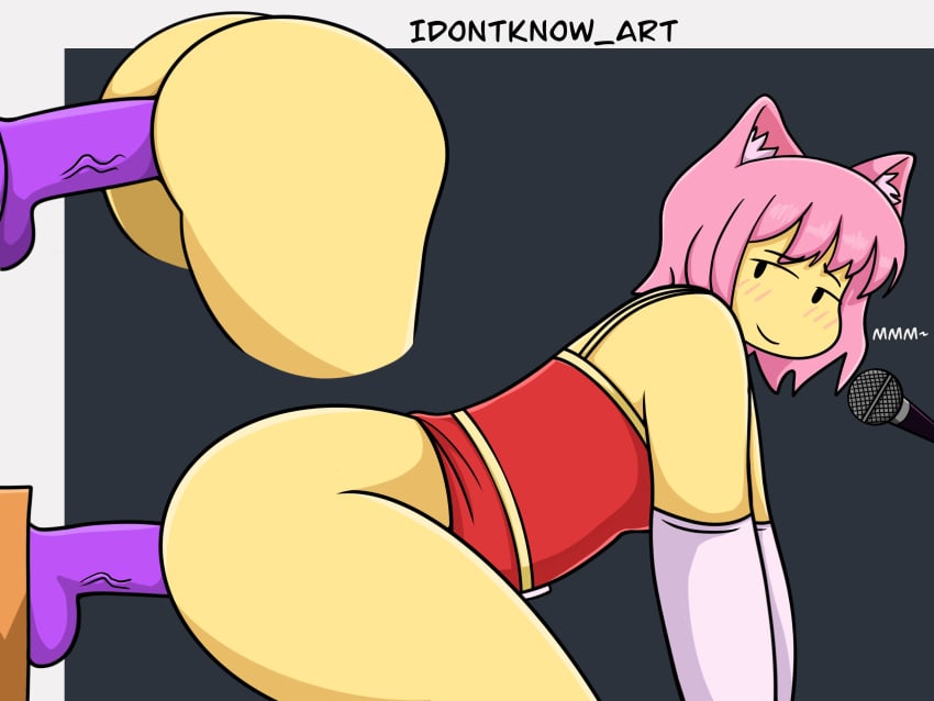 1girls blush catgirl dialogue dj_(tds) idontknow_art neko neko_dj pink_hair purple_dildo roblox roblox_game robloxian self_upload small_breasts tagme tower_defense_simulator yellow_body yellow_skin