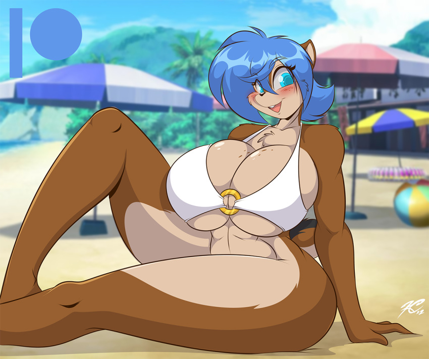 1girls 2022 anthro beach bikini_top blue_eyes blue_hair blush bottomless breasts brown_fur chipmunk cleavage female female_only freckles furry huge_breasts mastergodai rally_ryder rascals rodent short_hair smile solo swimsuit thick_thighs voluptuous wide_hips